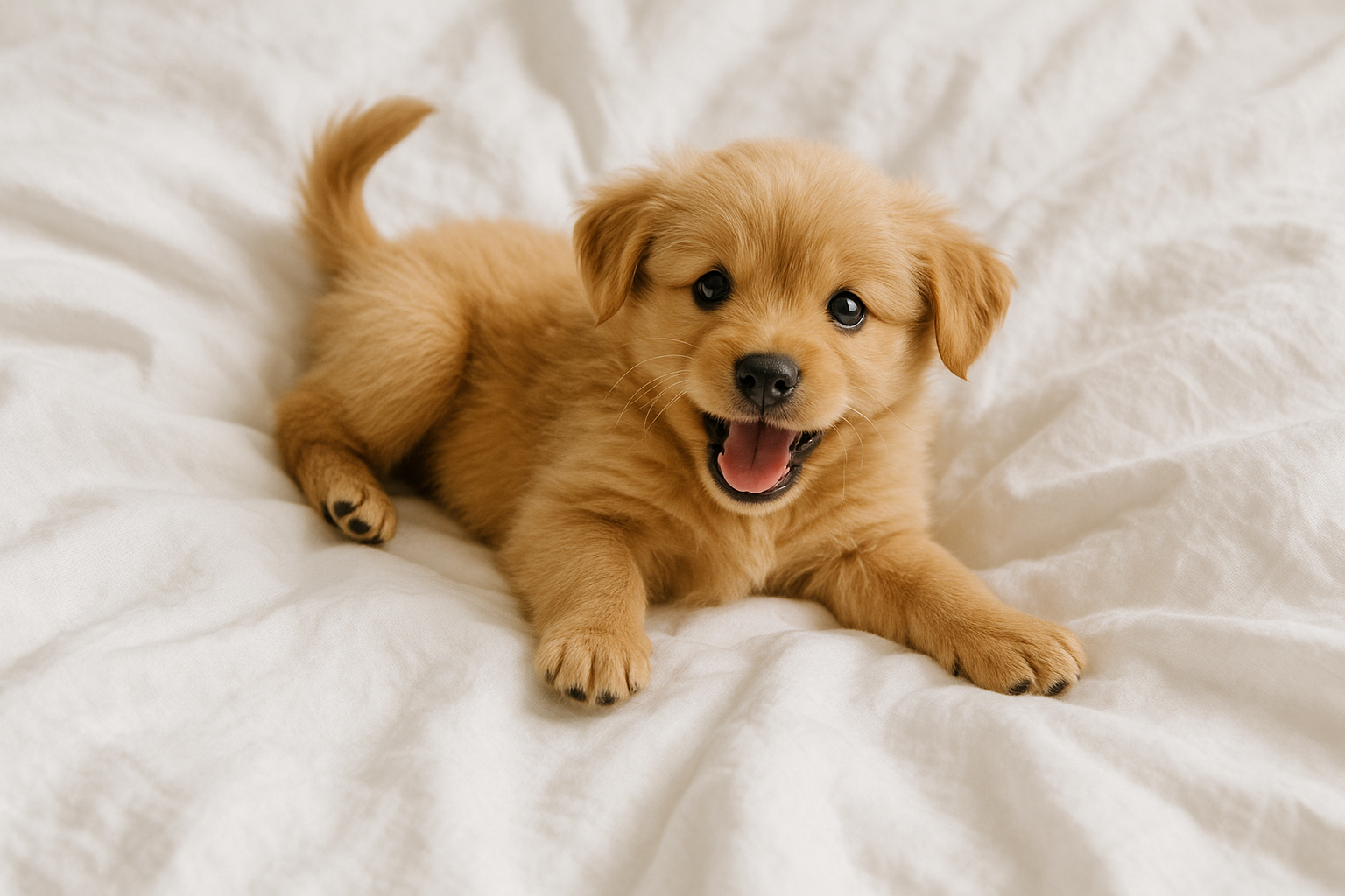 cute puppy playing on very white linen 