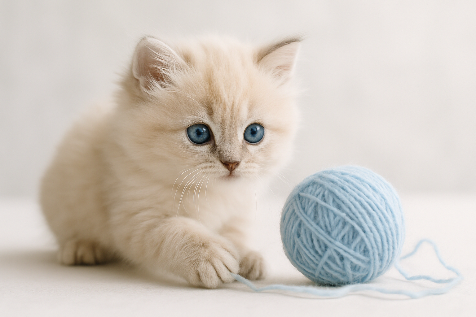 White a grey background with a little kitten with blue eyes playing with a baby blue wool ball