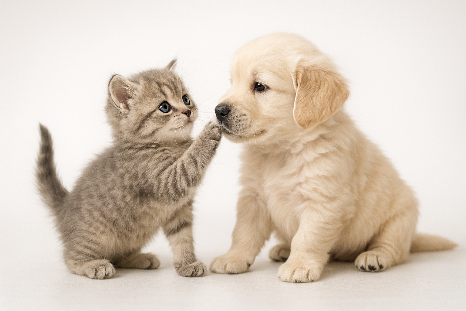 White and grey background with little kitten playing with a puppyu